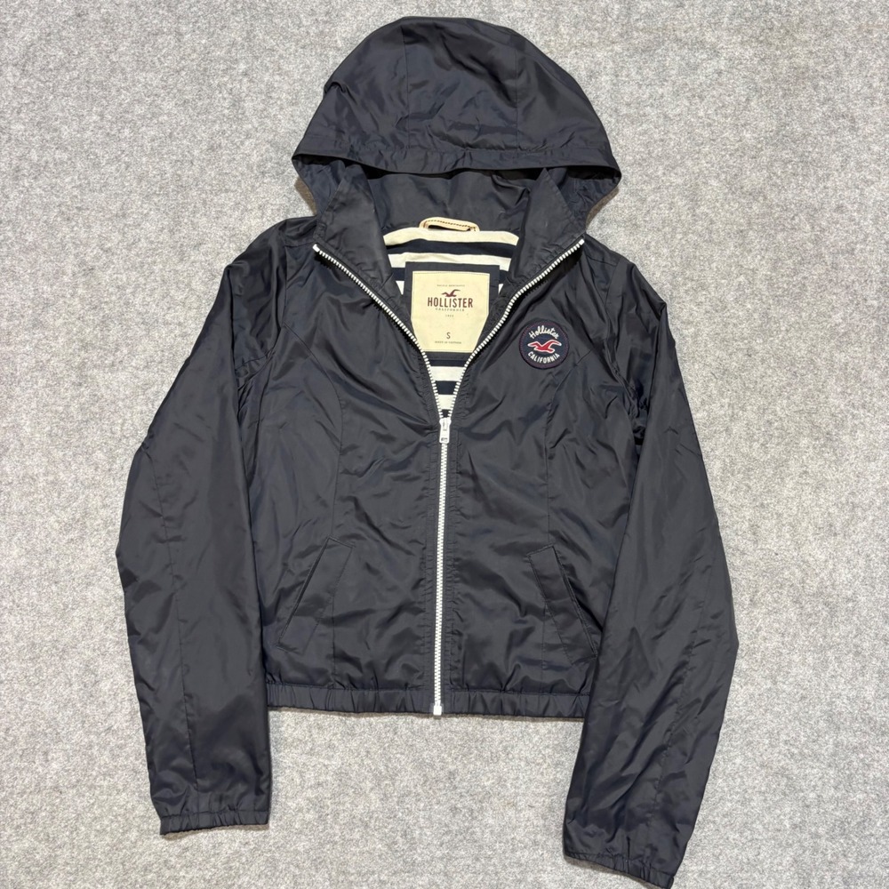 Hollister California Women Navy Blue Hooded Windbreaker Jacket Small Striped Lin